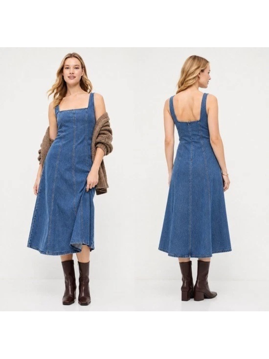 Old Navy Dresses & Skirts - Old Navy Dress Womens Medium Seamed Square Neck Midi Fit & Flare Denim New